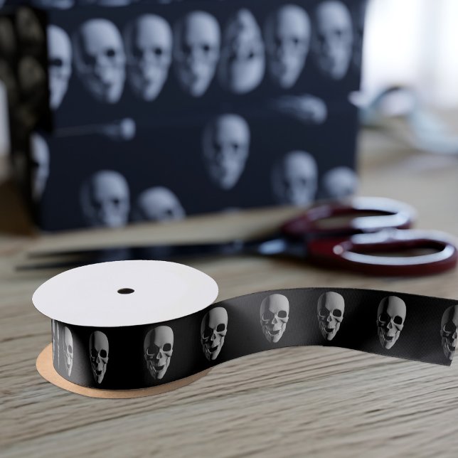 Halloween Spooky Skull Pattern Black Satin Ribbon (A spooky skull pattern ribbon for the times you need some)