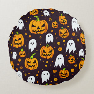Halloween: Spooky Smiles and Pumpkin Friends Round Cushion