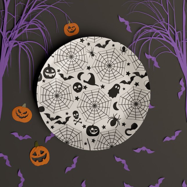 Halloween Spooky Spiderwebs Paper Plate (Black & White Spooky October Kids Halloween Party Paper Plates)