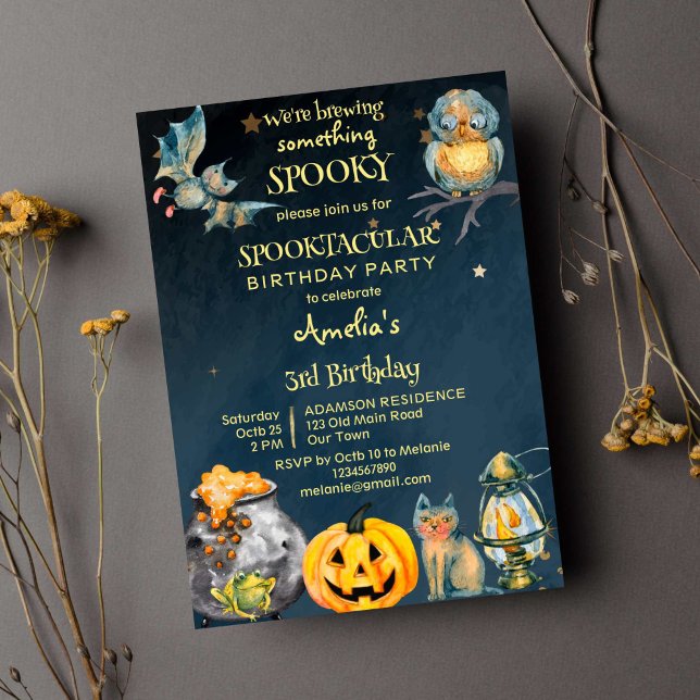 Halloween spooky spooktacular birthday party invitation (Spooktacular Halloween spooky birthday party invitation black starry background pumpkin cat owl)