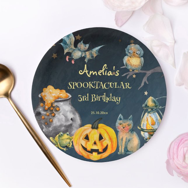Halloween spooky spooktacular birthday party paper plate (Halloween spooktacular birthday party tableware personalized plates dark night critters brewing pot)