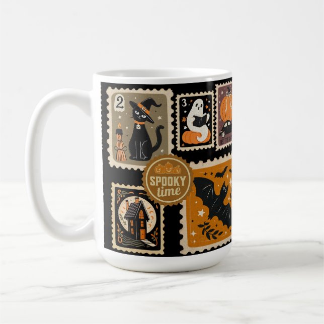 Halloween Spooky Time Postal Stamps Ghosts Bat Cat Coffee Mug (Left)