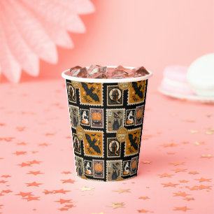 Halloween Spooky Time Postal Stamps Ghosts Bat Cat Paper Cups