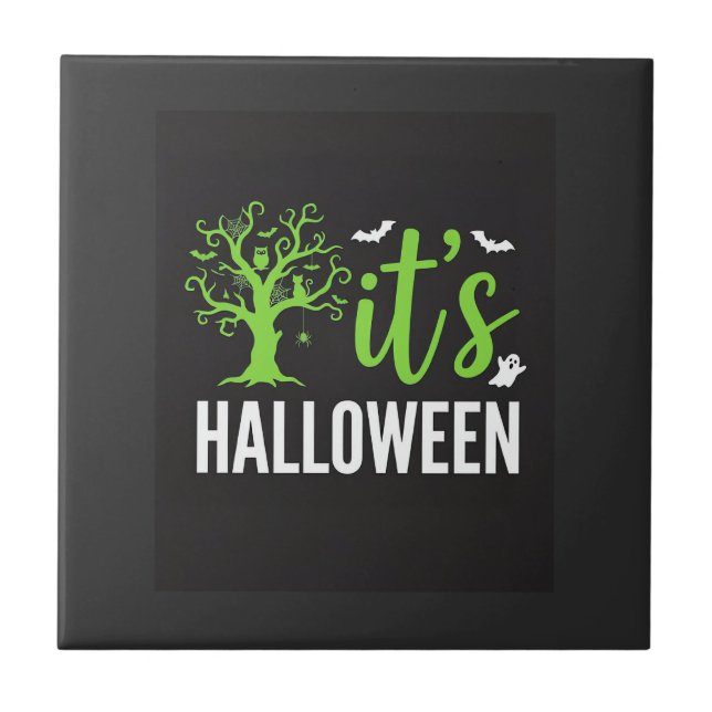 Halloween Spooky Tree Bats Vector Design_1 Ceramic Tile (Front)