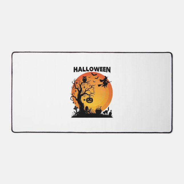 Halloween Spooky Tree Flying Witch Orange Moon Bla Desk Mat (Front)