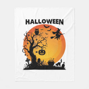 Halloween Spooky Tree Flying Witch Orange Moon Bla Fleece Blanket