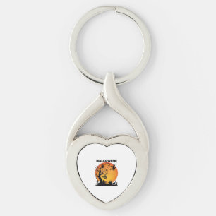 Halloween Spooky Tree Flying Witch Orange Moon Bla Key Ring