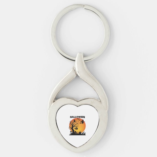Halloween Spooky Tree Flying Witch Orange Moon Bla Key Ring (Front)
