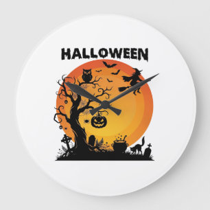 Halloween Spooky Tree Flying Witch Orange Moon Bla Large Clock