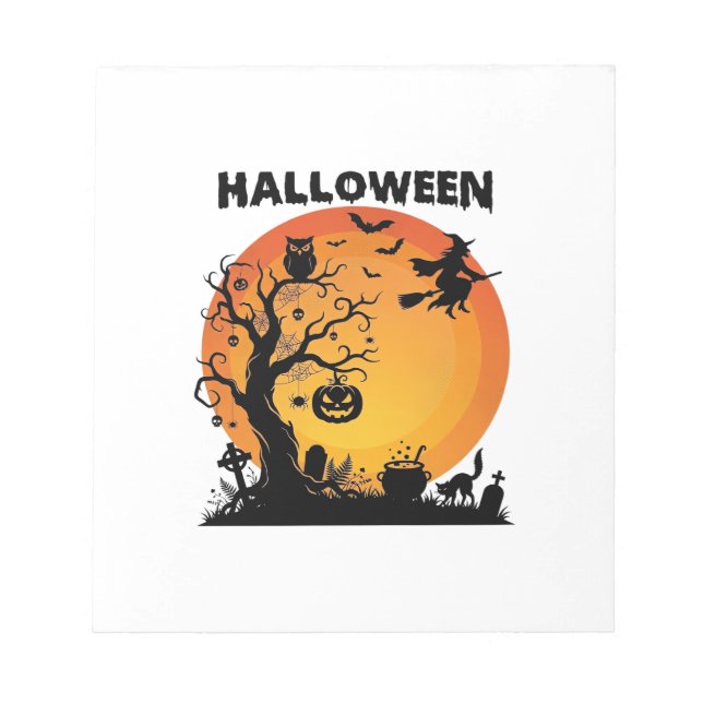 Halloween Spooky Tree Flying Witch Orange Moon Bla Notepad (Front)