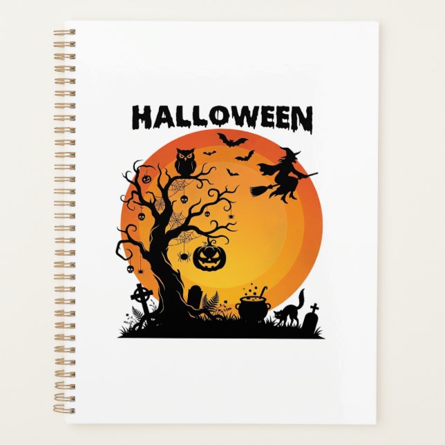 Halloween Spooky Tree Flying Witch Orange Moon Bla Planner (Front)