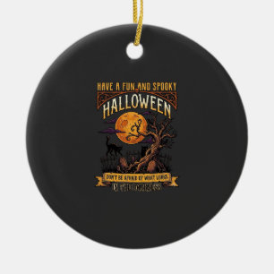 Halloween Spooky Tree Full Moon Black Cat Graveyar Ceramic Ornament
