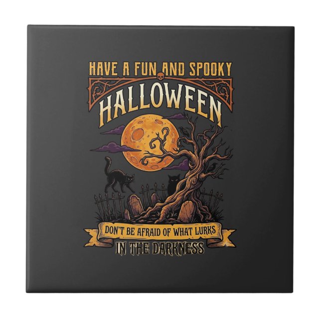 Halloween Spooky Tree Full Moon Black Cat Graveyar Ceramic Tile (Front)