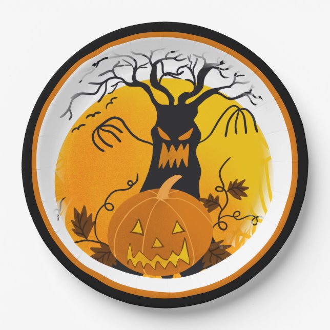 Halloween Spooky Tree Jack o'Lantern Paper Plate (Front)