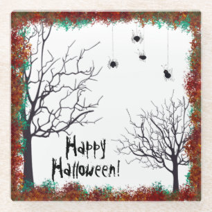 Halloween Spooky Tree Spiders Hanging Fall Foliage Glass Coaster