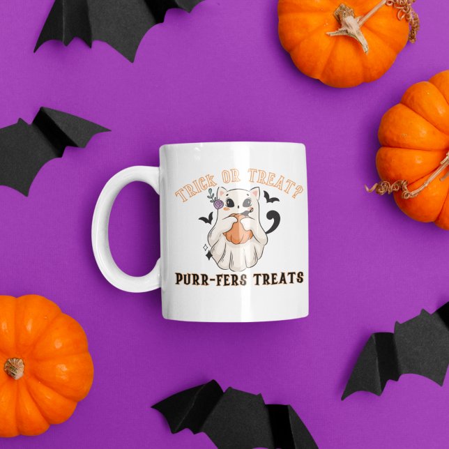  Halloween Spooky Trick or Treat Cute Ghost Cat  Coffee Mug (TRICK OR TREAT CUTE GHOST CAT MUG)