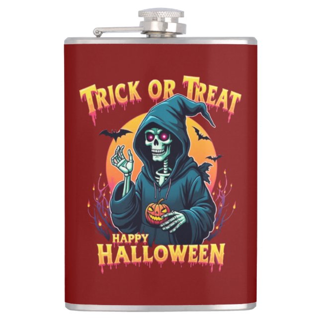 Halloween Spooky Vibes: Trick or Treat Skeleton Hip Flask (Front)