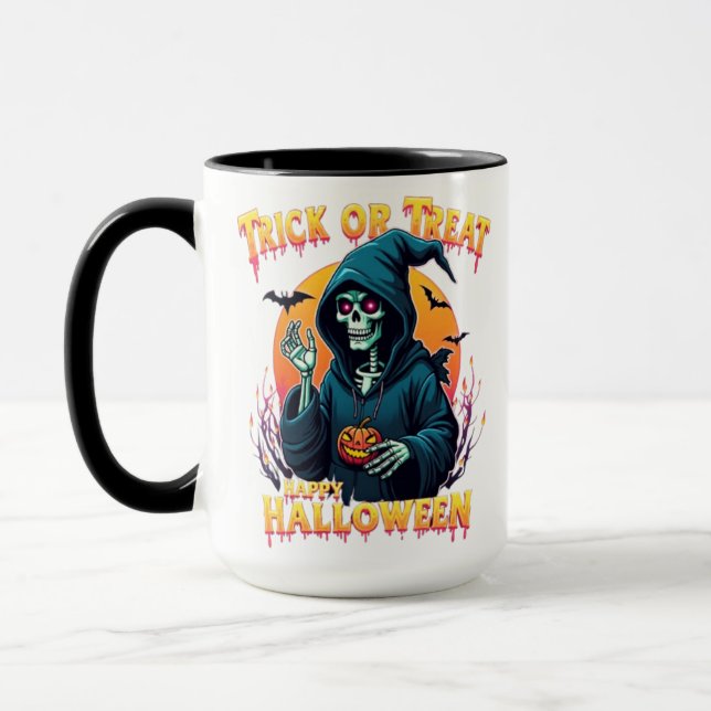 Halloween Spooky Vibes: Trick or Treat Skeleton Mug (Left)
