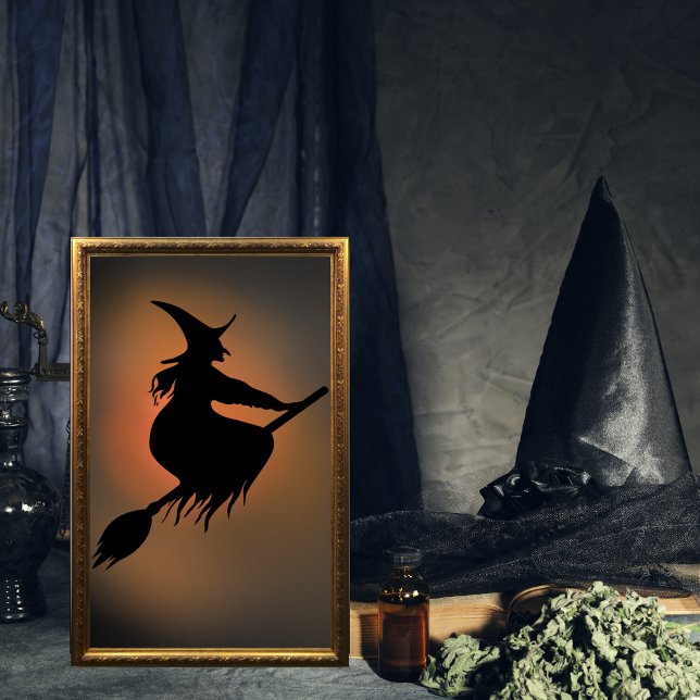 Halloween Spooky Witch Broom Poster (Spooky flying Witch on her broomstick wall art print.)