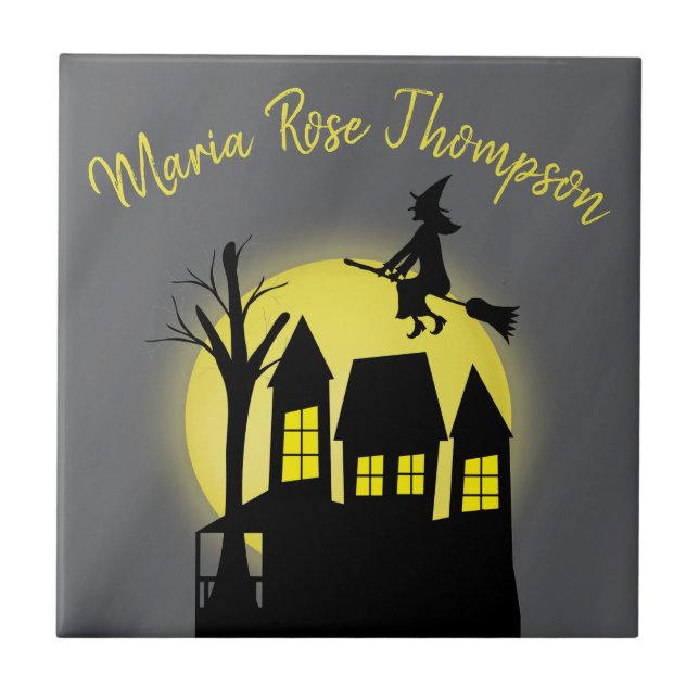 Halloween Spooky Witch Broomstick Moonlight Ceramic Tile (Front)