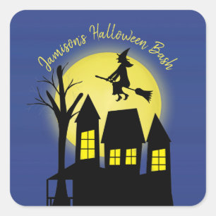 Halloween Spooky Witch Broomstick Moonlight Square Sticker