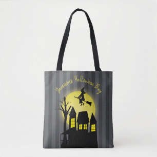 Halloween Spooky Witch Broomstick Moonlight Tote Bag