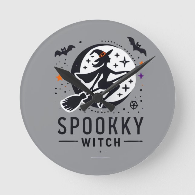Halloween Spooky Witch Design - Flying on Broom Round Clock (Front)