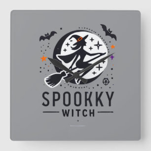 Halloween Spooky Witch Design - Flying on Broom Square Wall Clock