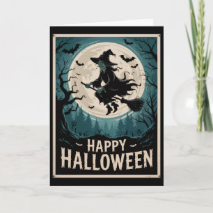 Halloween Spooky Witch Flying Across a Full Moon Card