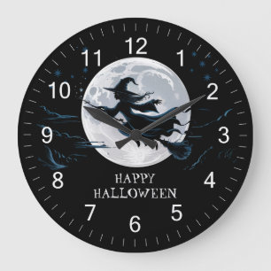 Halloween Spooky Witch Flying Across a Full Moon Large Clock