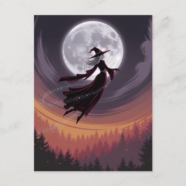 Halloween Spooky Witch Flying Across a Full Moon Postcard (Front)