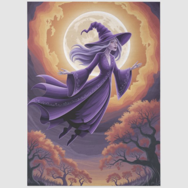 Halloween Spooky Witch Flying Across a Full Moon Tissue Paper (Front)
