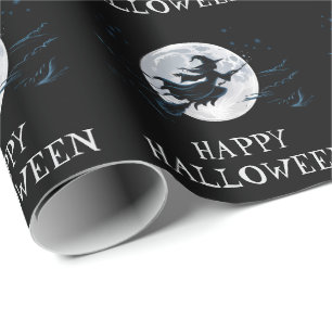 Halloween Spooky Witch Flying Across a Full Moon   Wrapping Paper