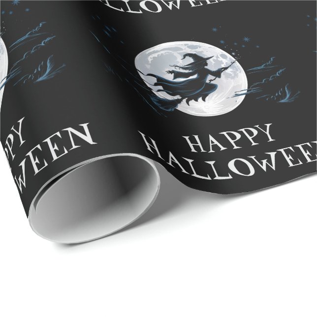Halloween Spooky Witch Flying Across a Full Moon   Wrapping Paper (Roll Corner)