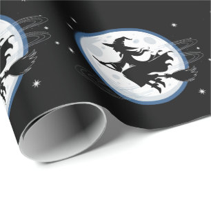 Halloween Spooky Witch Flying Across a Full Moon   Wrapping Paper