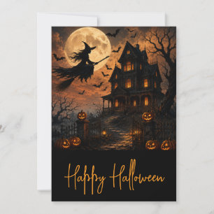 Halloween Spooky Witch Flying Over Haunted House w Invitation