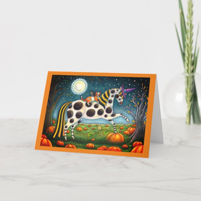 HALLOWEEN SPOTTED PONY & BAT CAT Fantasy Horse Holiday Card (Front)