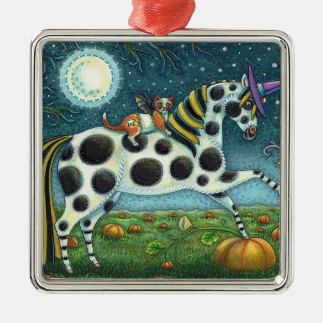 HALLOWEEN SPOTTED PONY & BAT CAT Fantasy Horse Metal Ornament (Front)