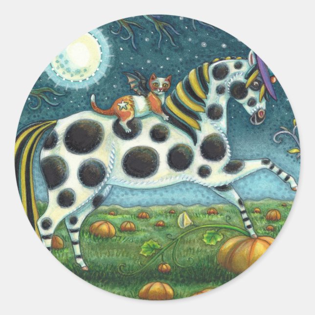 HALLOWEEN SPOTTED PONY & BAT CAT Whimsical Horse Classic Round Sticker (Front)