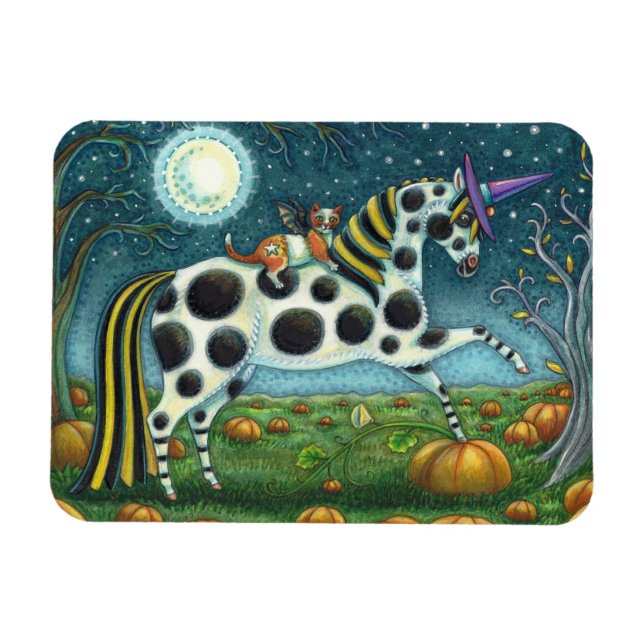HALLOWEEN SPOTTED PONY & BAT CAT WHIMSICAL HORSE MAGNET (Horizontal)