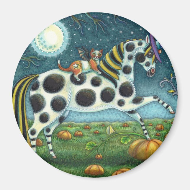 HALLOWEEN SPOTTED PONY & BAT CAT Whimsical Horse Magnet (Front)