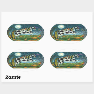HALLOWEEN SPOTTED PONY & BAT CAT Whimsical Horse Oval Sticker