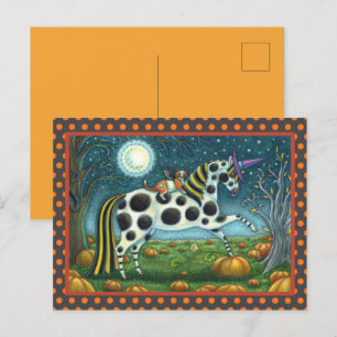 HALLOWEEN SPOTTED PONY & BAT CAT Whimsical Horse Postcard