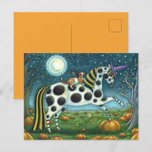 HALLOWEEN SPOTTED PONY & BAT CAT Whimsical Horse Postcard