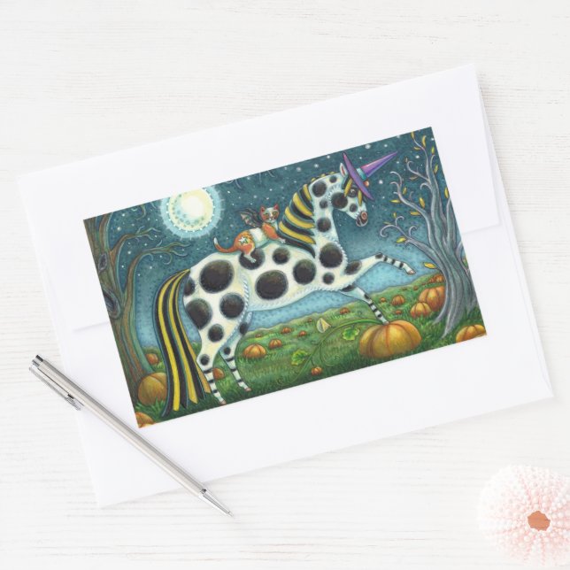 HALLOWEEN SPOTTED PONY & BAT CAT Whimsical Horse Rectangular Sticker (Envelope)