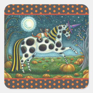 HALLOWEEN SPOTTED PONY & BAT CAT Whimsical Horse Square Sticker