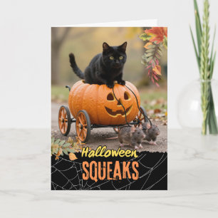 Halloween Squeaks Black Cat Riding Jack o Lantern Card