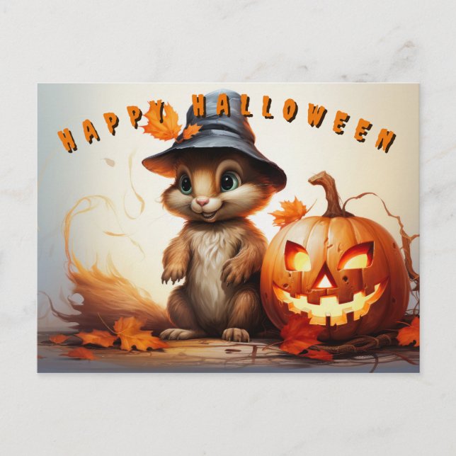 Halloween Squirrel In Cute Hat With Pumpkin Holiday Postcard (Front)