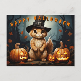 Halloween Squirrel In Witches Hat With Pumpkins Holiday Postcard