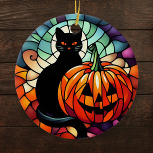 Halloween Stained Glass Black Cat Pumpkin Ceramic Ornament